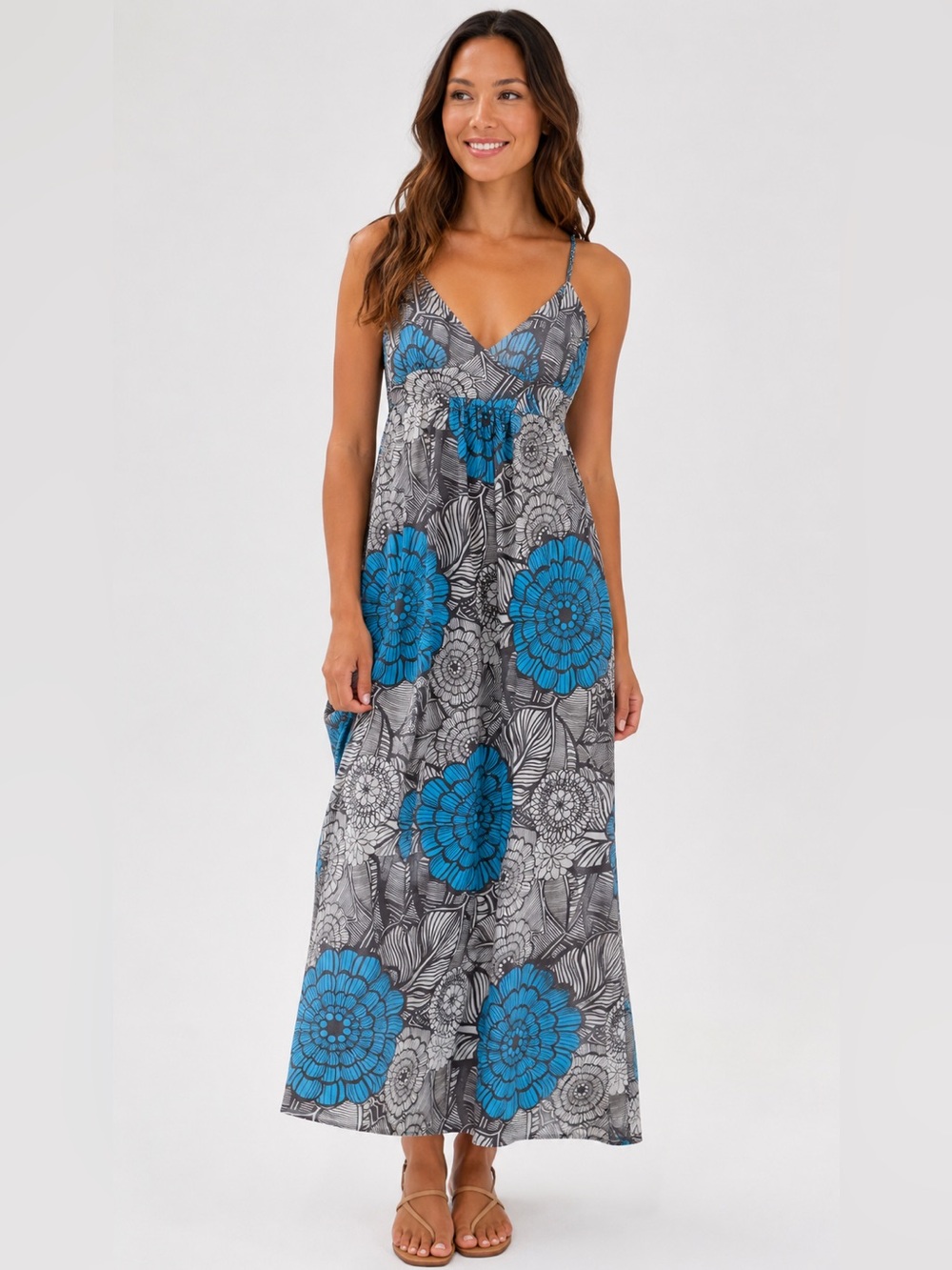 Trina Turk 100% Silk Blue and Gray Floral Maxi Dress Size 0 Summer Beach Coastal